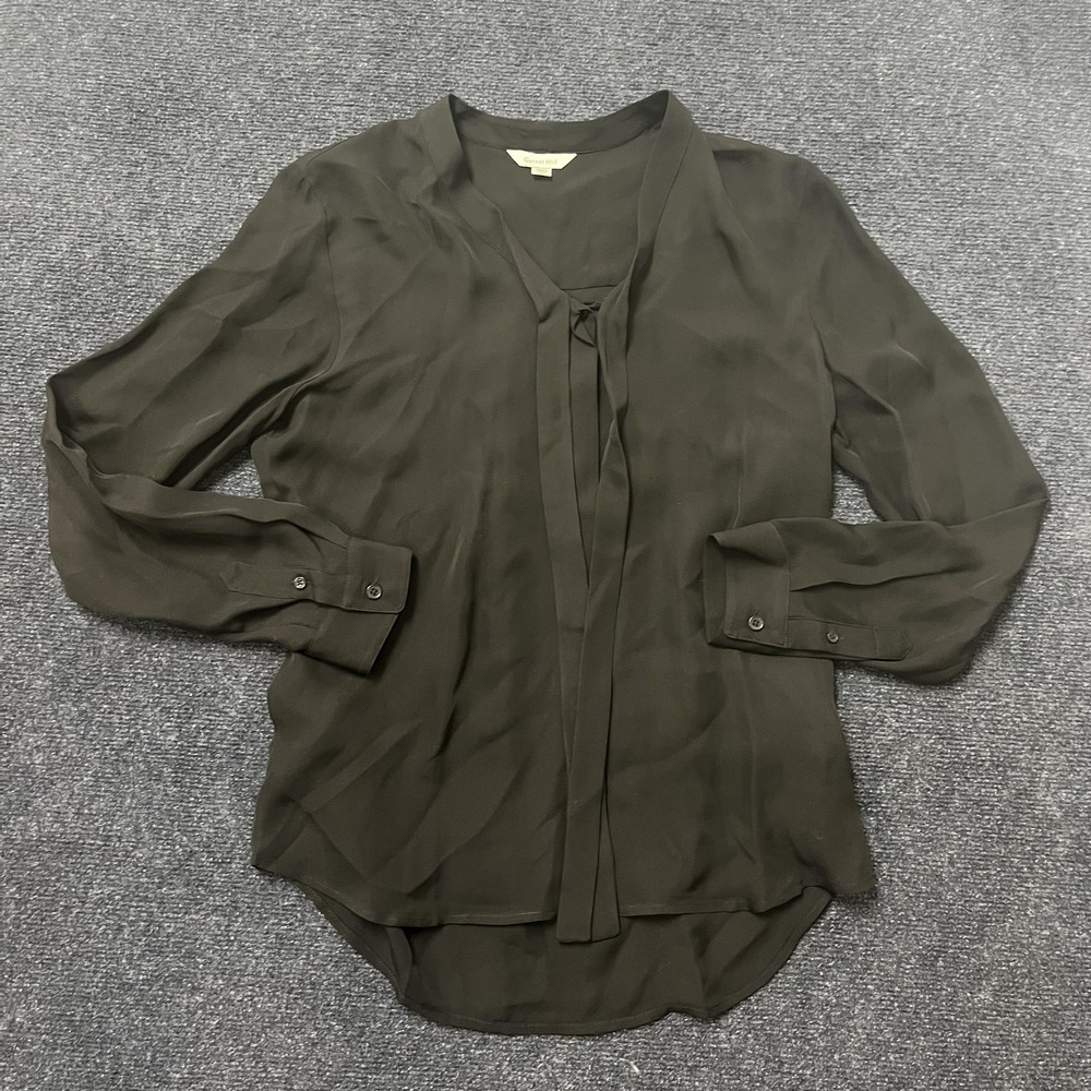Garnet Hill Blouse Womens 8 Green Silk V Neck Tie Front Long Sleeve Tunic Top